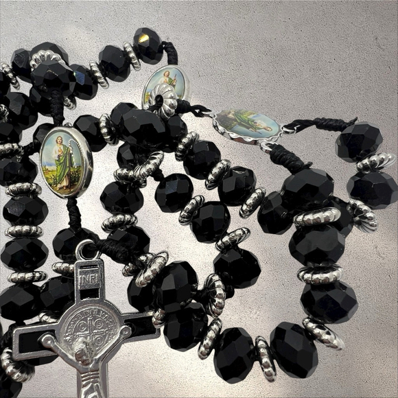 St. Jude Rosary 19” Black Faceted Beads Silver Crucifix Catholic Prayer Beads - Picture 6 of 7